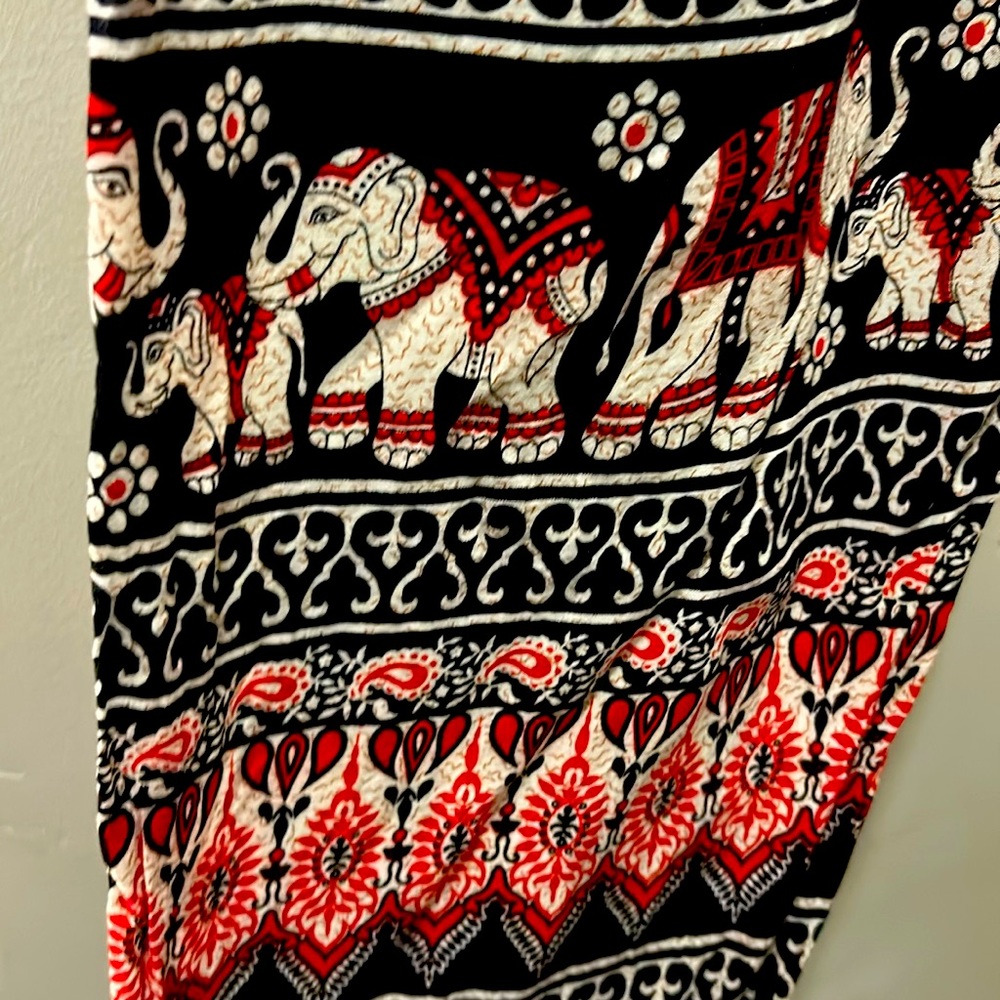 Red & Black Elephant Paisley Bohemian Pants- Smocked Waist Tribal Print Joggers
